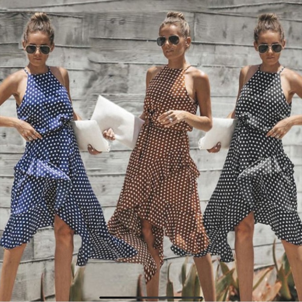 BROWN DOTTED ASYMMETRICAL SEXY DRESS - Picture 3 of 5